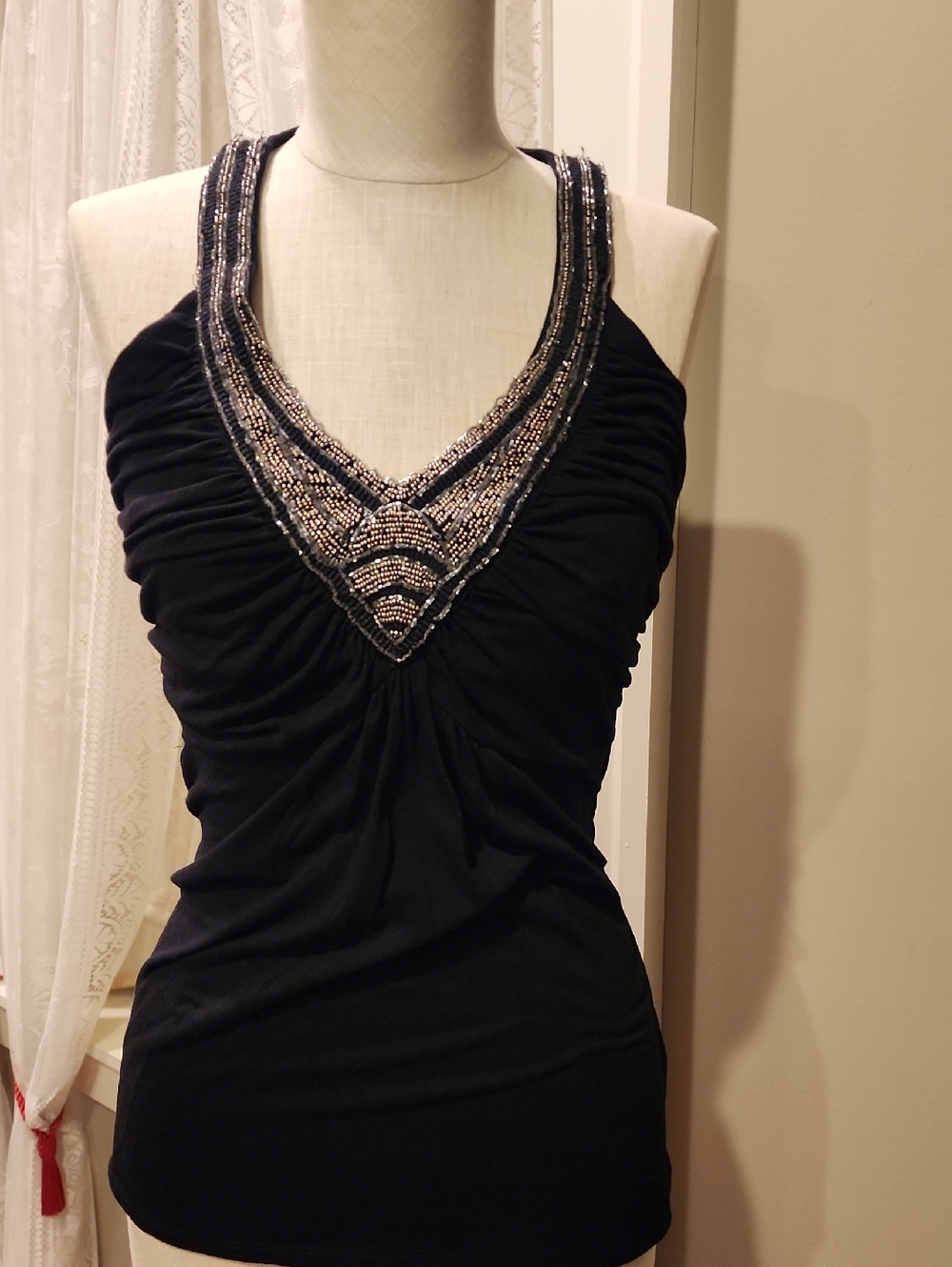 White House Black Market Balck V-Neck Top With Beading